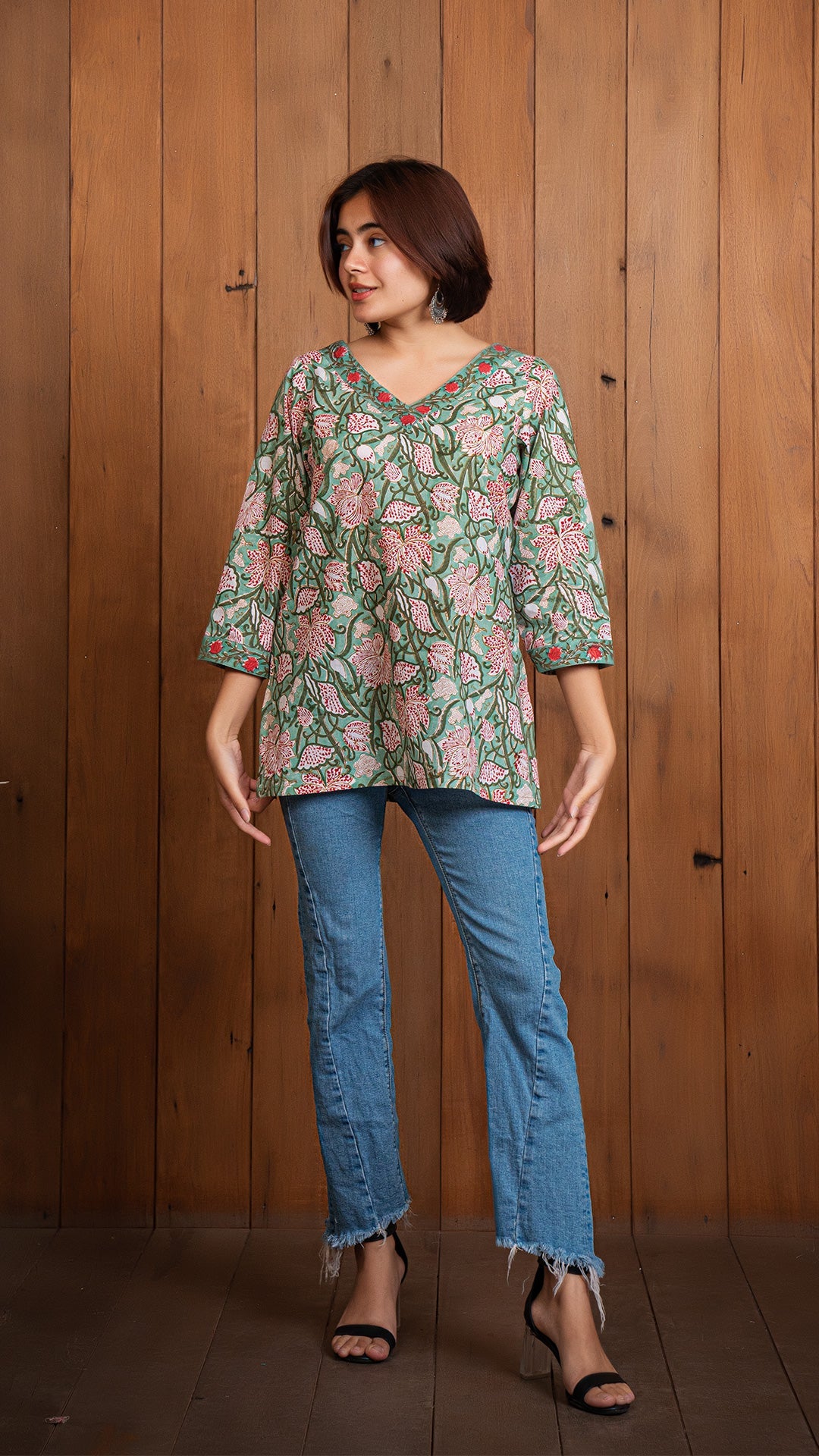 Nirjari Floral Jaal Sanganeri Cotton Short Top - Green