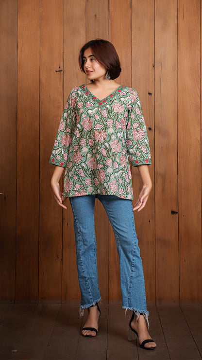 Nirjari Floral Jaal Sanganeri Cotton Short Top - Green