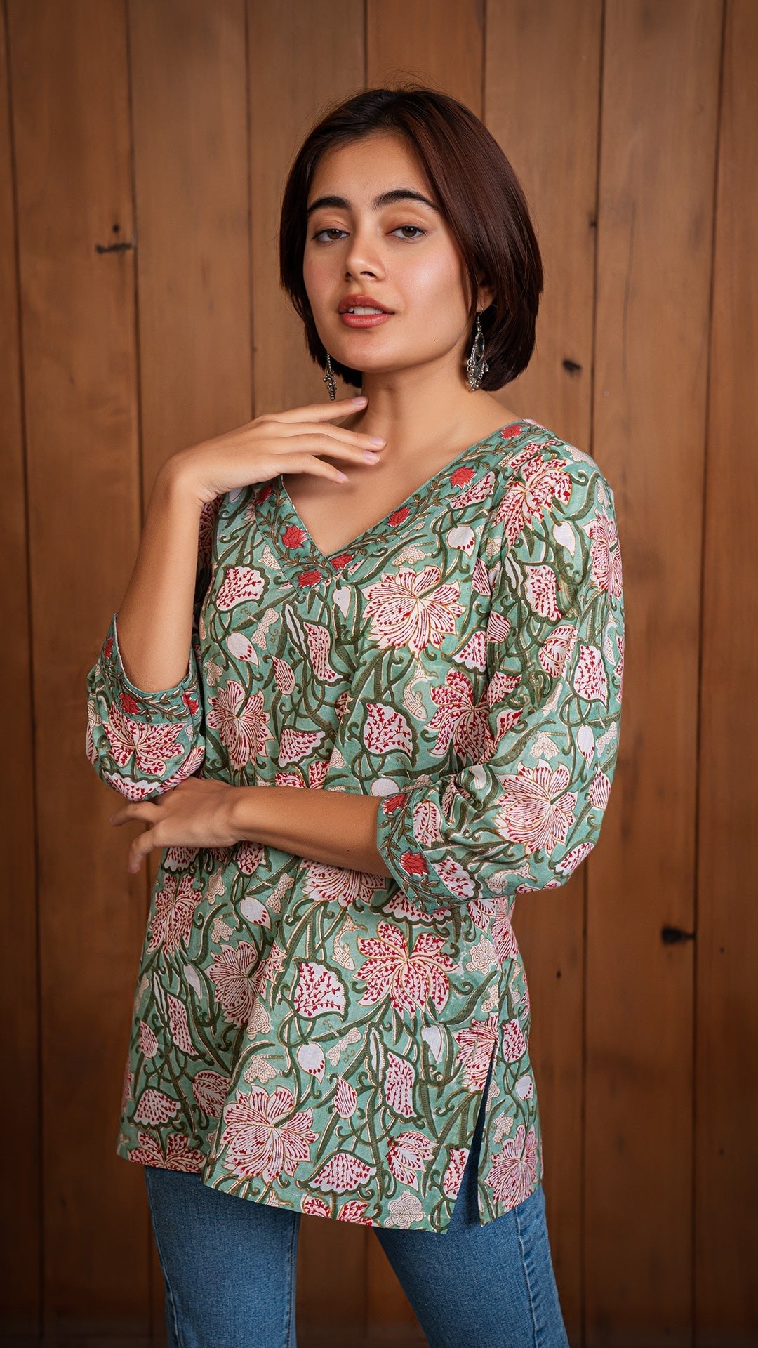 Nirjari Floral Jaal Sanganeri Cotton Short Top - Green