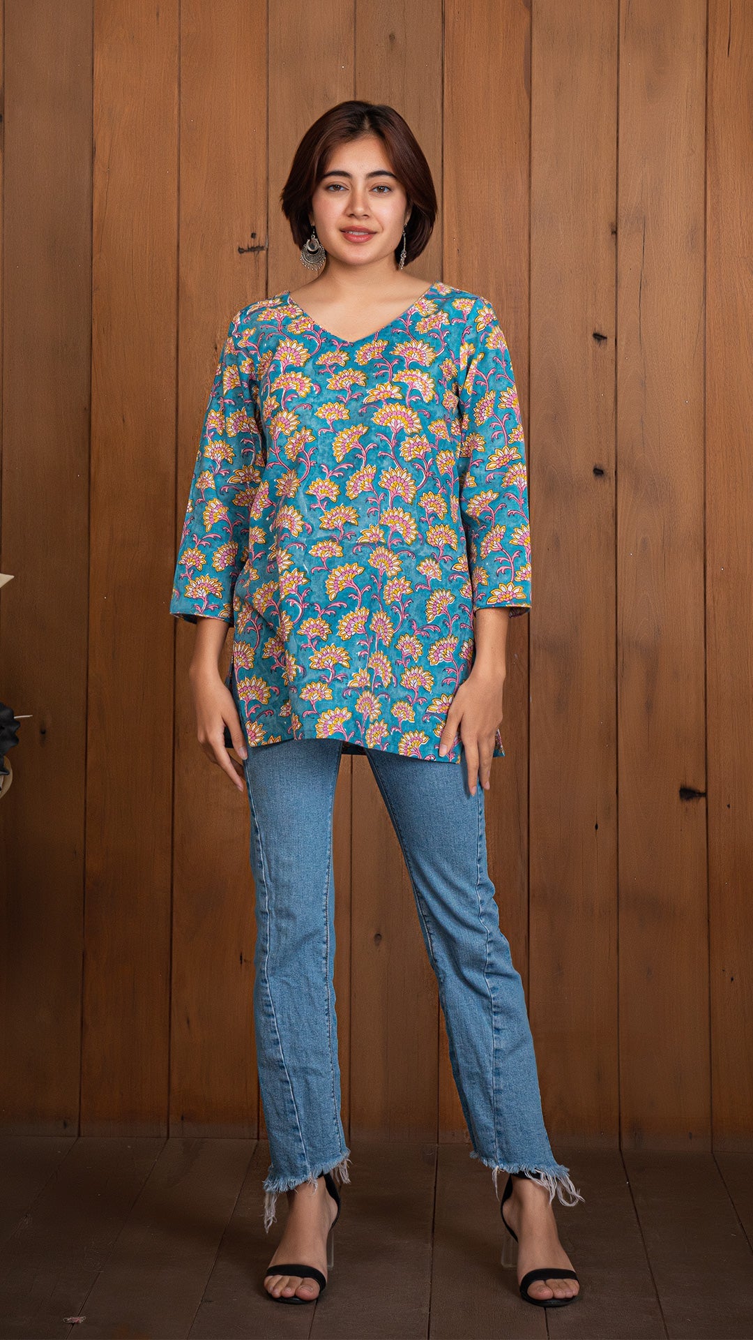 Mitali Floral Sanganeri Cotton Short Top - Light Blue