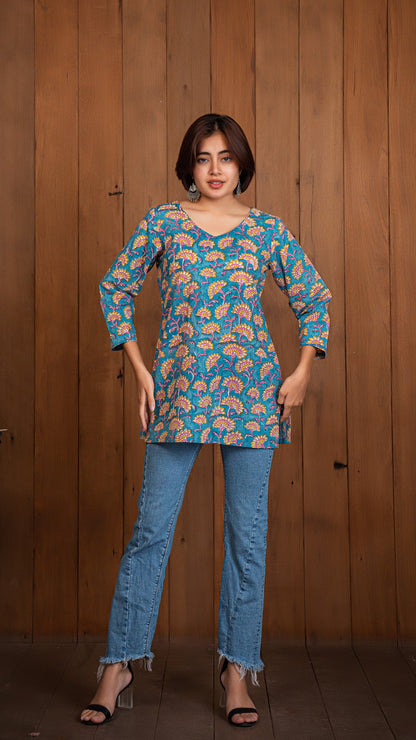 Mitali Floral Sanganeri Cotton Short Top - Light Blue