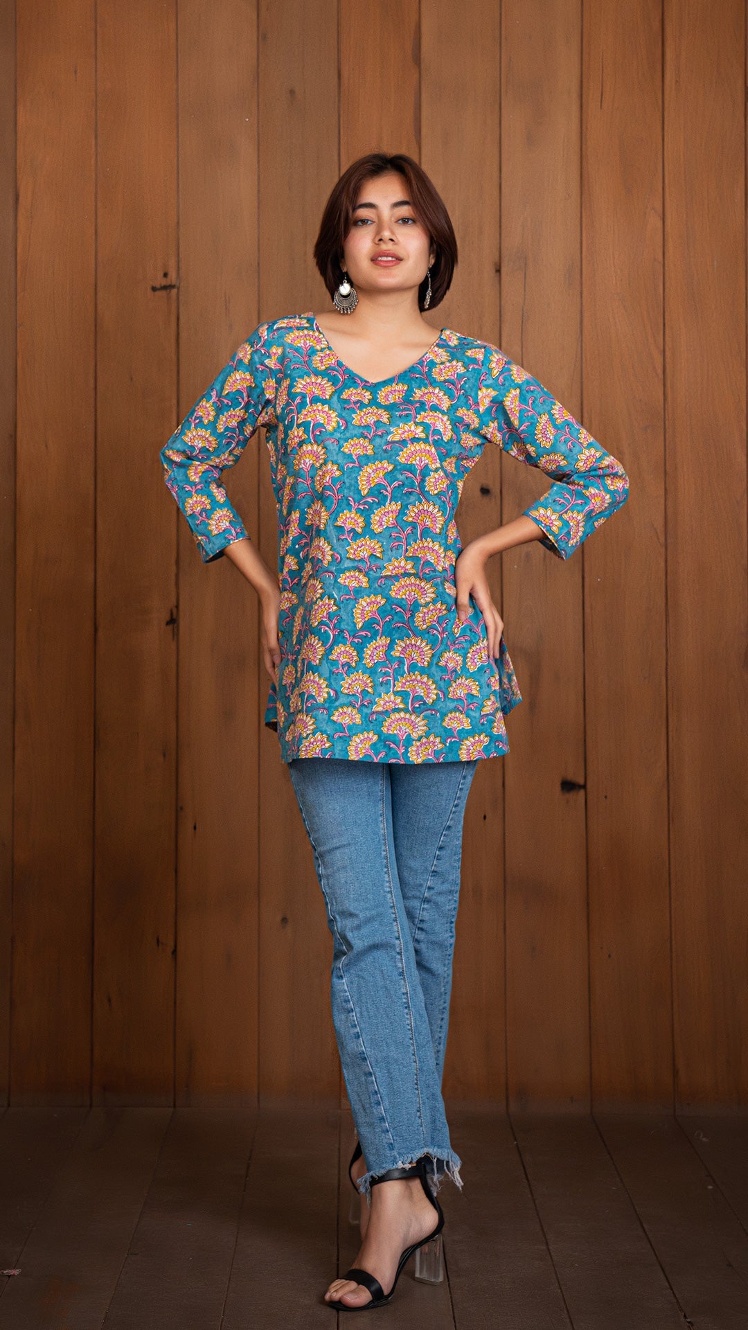 Mitali Floral Sanganeri Cotton Short Top - Light Blue