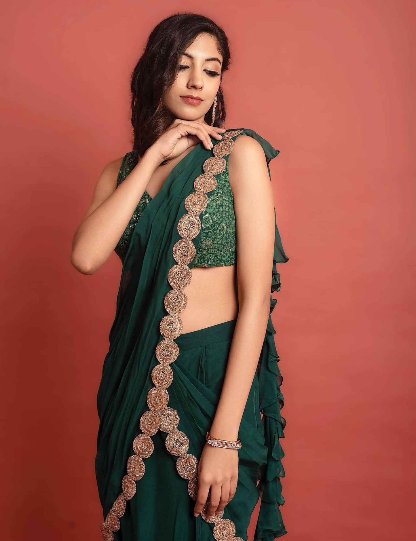 Green Embroidered Ready to Wear Saree