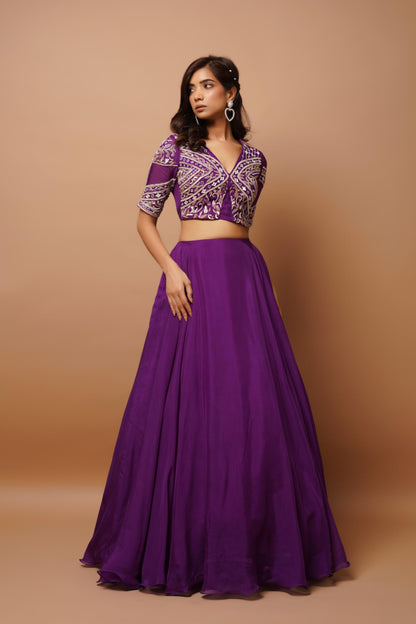 Dark Purple Organza Indo Lehenga Set (Set Of 2)