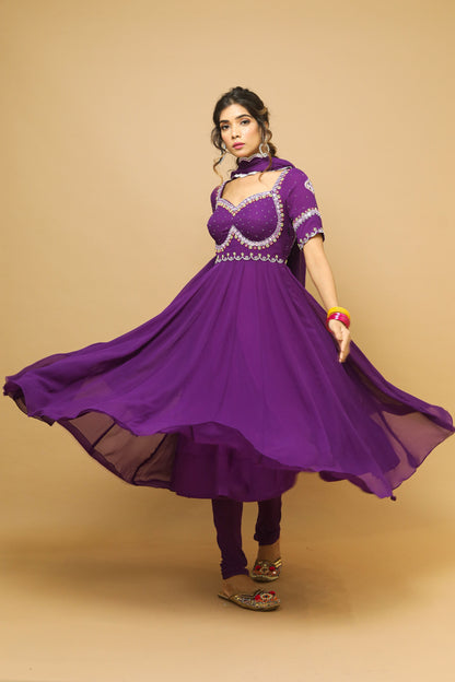 Dark Purple Anarkali Suit Set (Set Of 3)