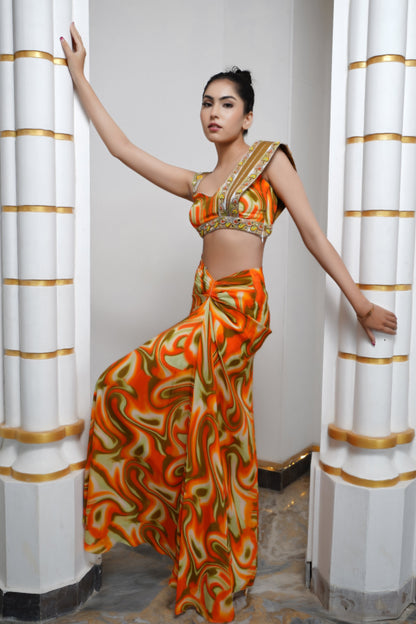 ORANGE MULTICOLOR ABSTRACT DRAPE SKIRT SET (SET OF 2)