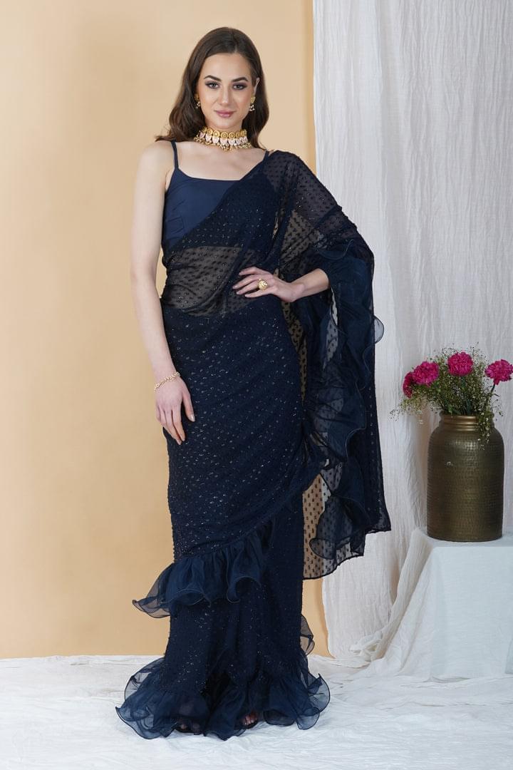 Navy Blue Ruffled Pre-Stitched Saree