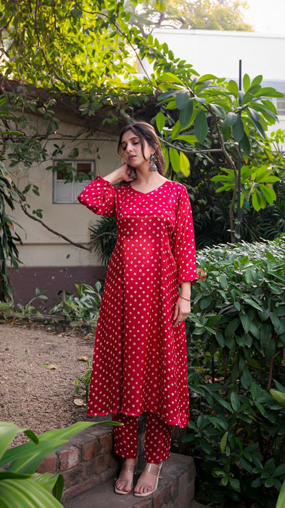 Bandhani Kali Kurta Set In Silk - Dark Pink