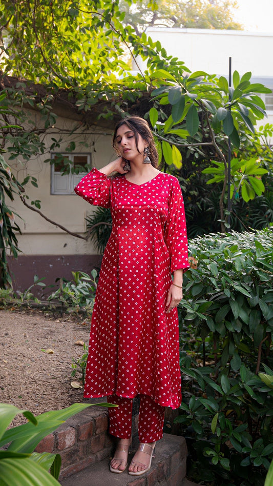 Bandhani Kali Kurta Set In Silk - Dark Pink