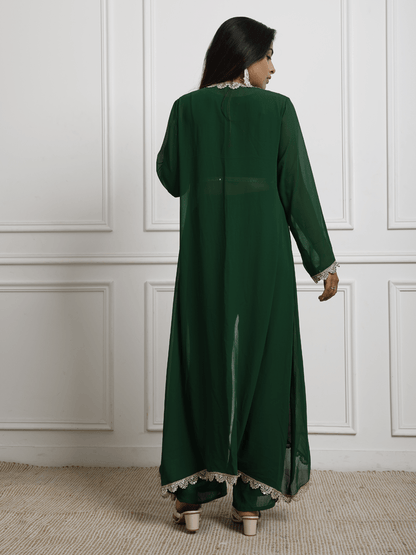 Green georgette top and flared pants with shrug