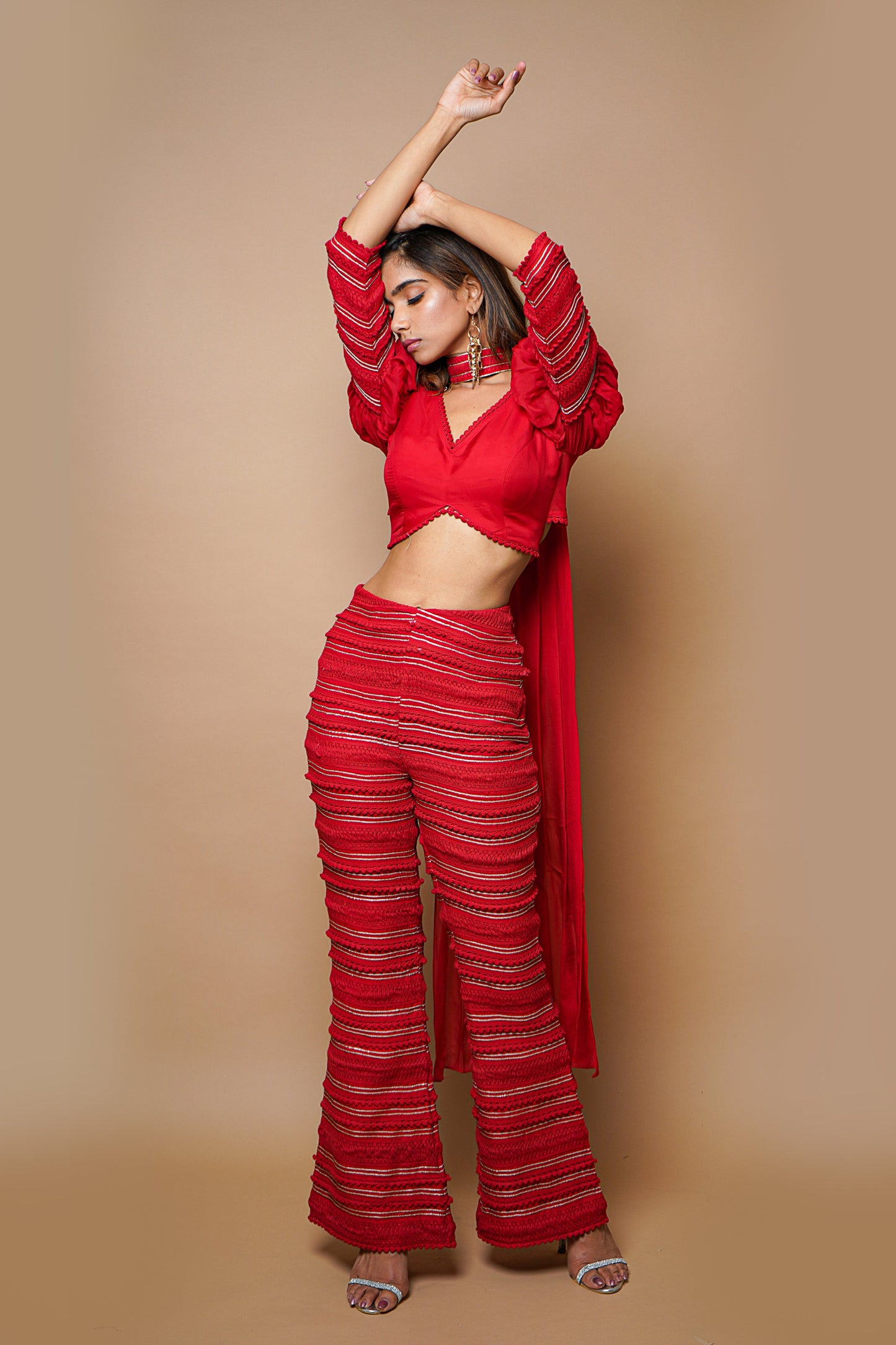 Hot Red Indo Western Set (Set Of 3)