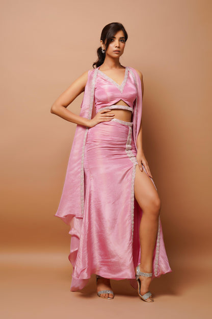 Pink Shimmer Draped Skirt Set (Set Of 3)