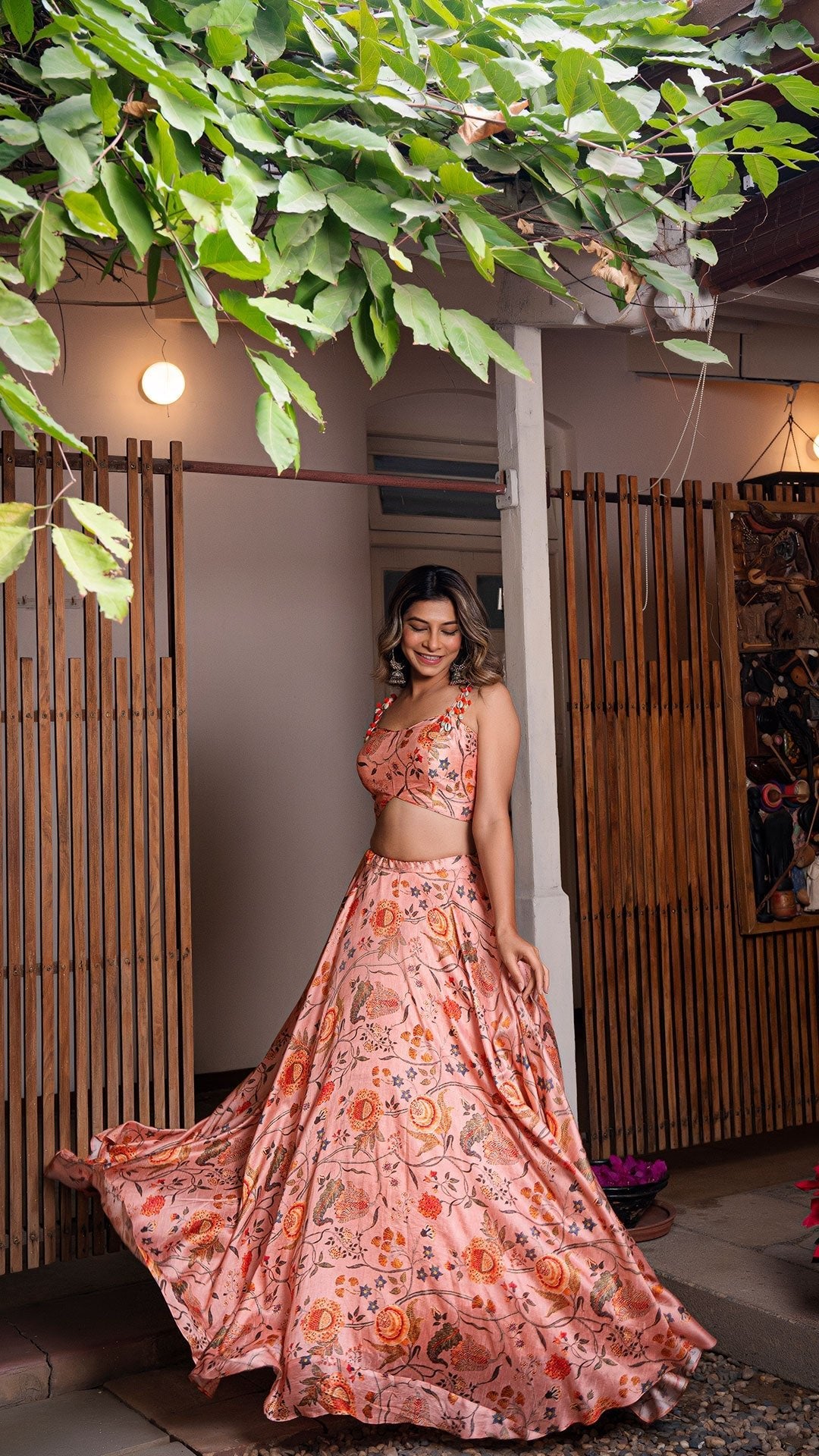 Floral Fantasy Silk Lehenga Set - Peach