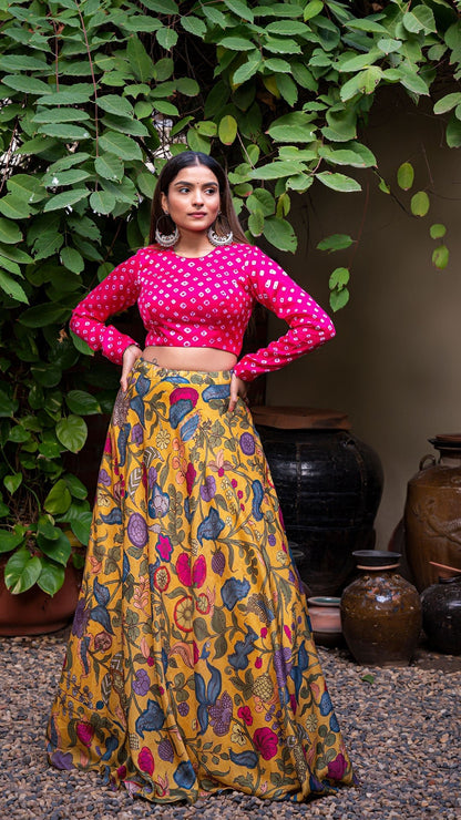 Kalamkari Silk Lehenga - Mustard Yellow with Bandhani Blouse