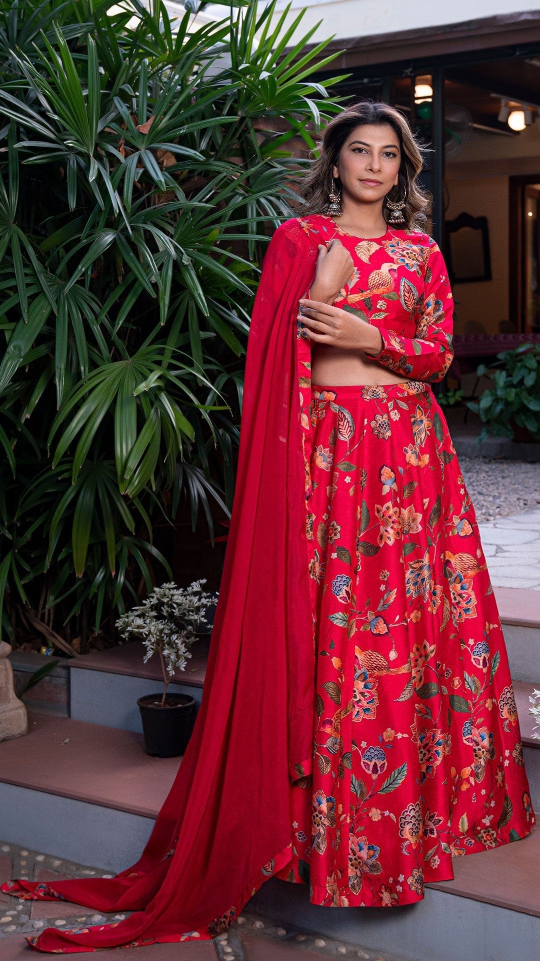 Birds of Paradise Silk Lehenga Set - Red