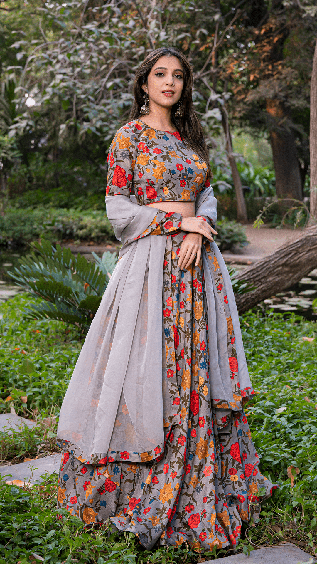 Floral Fantasy Silk Lehenga Set - Grey