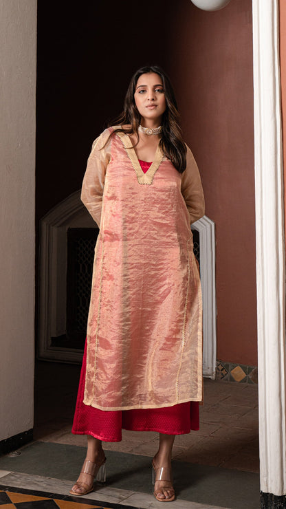 Gulal - Golden/Rani Pink Pure Tissue Layered Dress