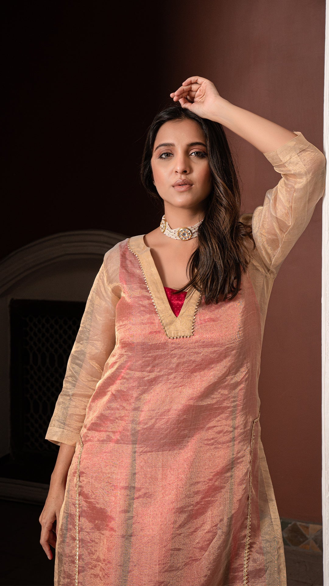 Gulal - Golden/Rani Pink Pure Tissue Layered Dress