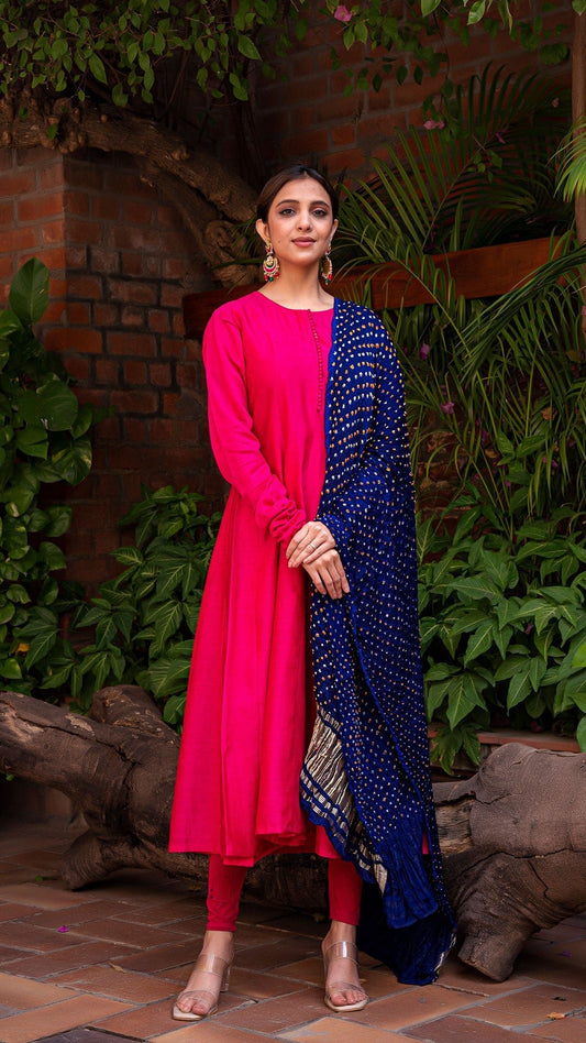 Maahi Chanderi Silk Anarkali Kurta In Rani Pink