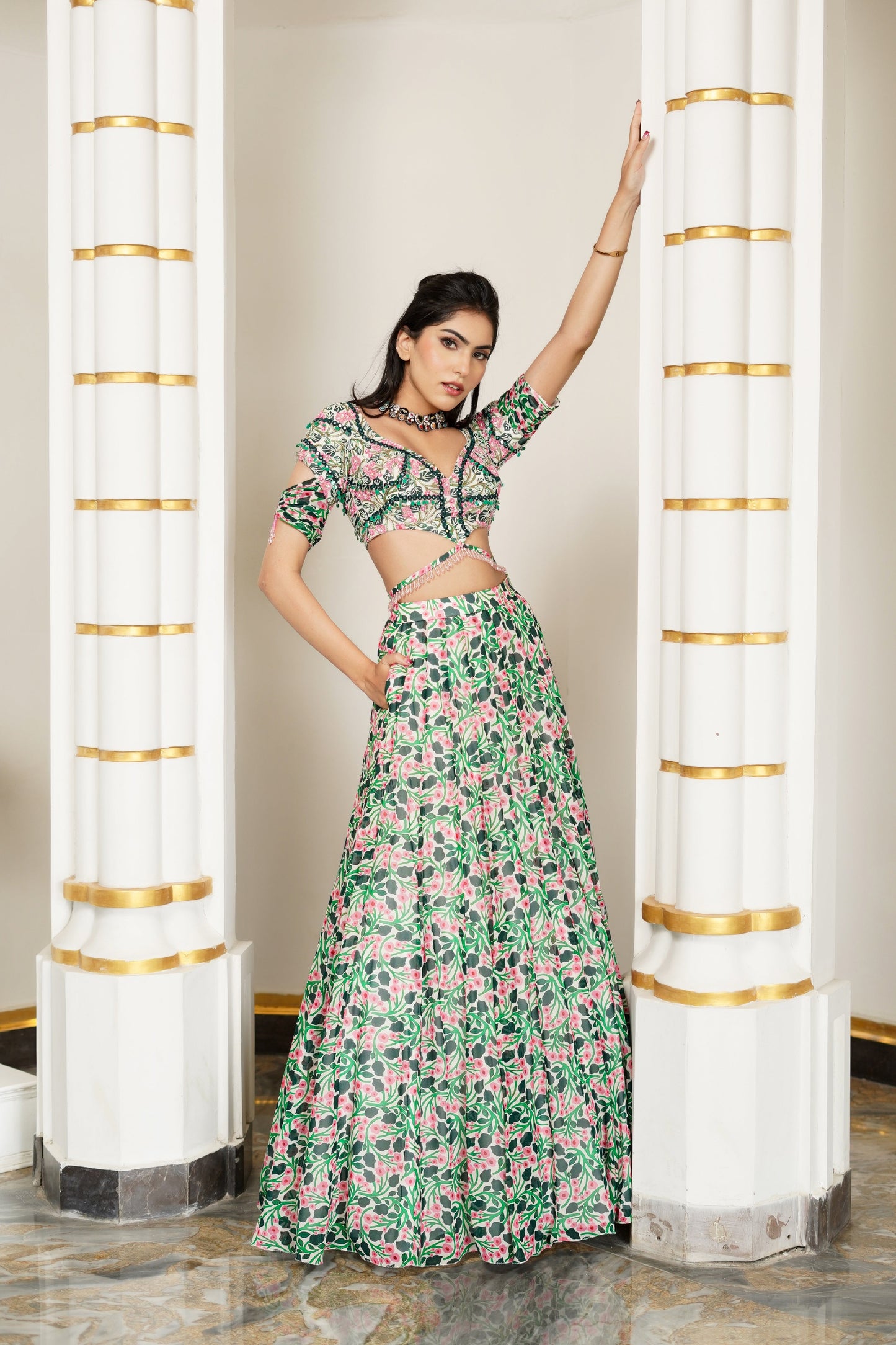 GREEN PINK FLORAL LEHENGA (SET OF 3)