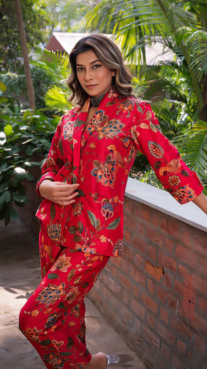 Kareena Printed Co-ord Set In Silk - Red