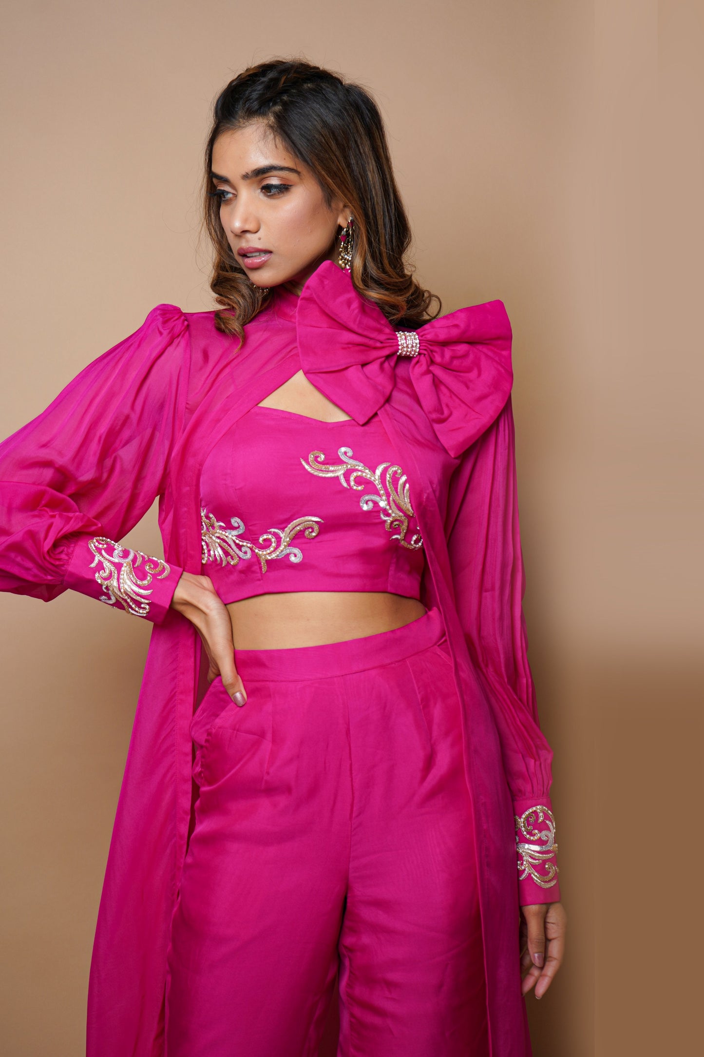 Hot Pink Cape Indowestern Set- (Set Of 4)