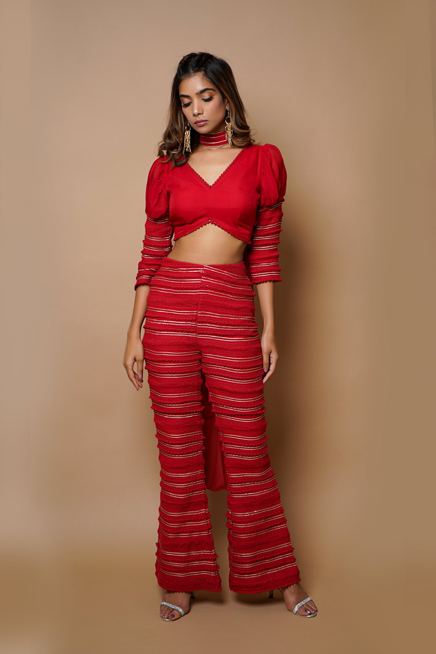 Hot Red Indo Western Set (Set Of 3)