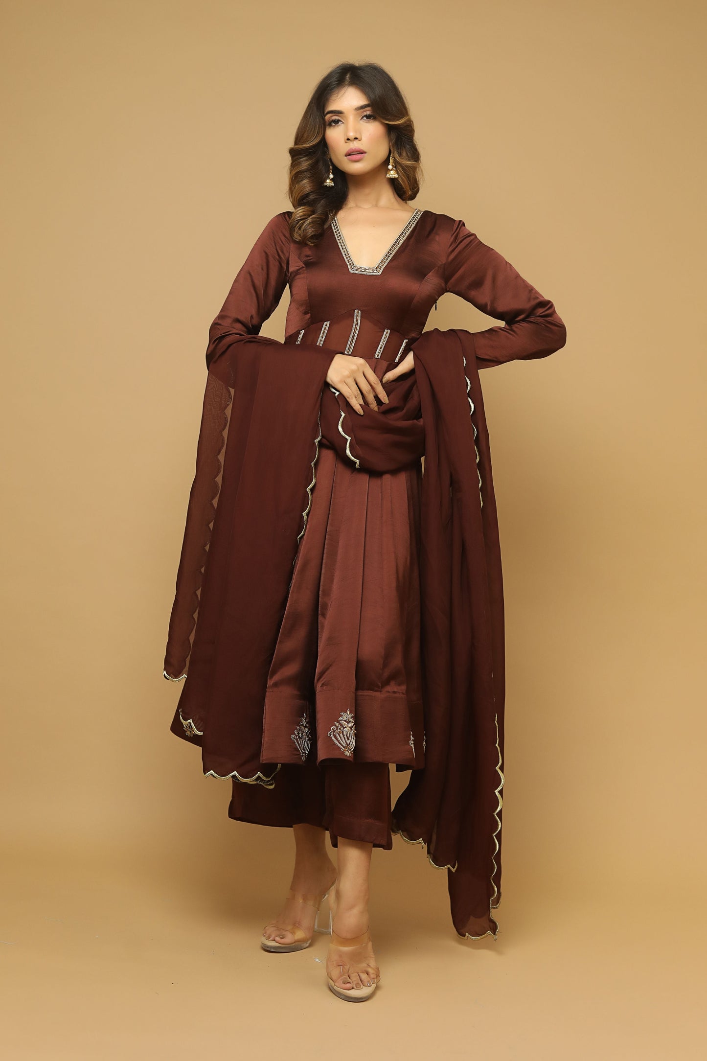 Brown Anarkali Satin Suit Set (Set Of 3)