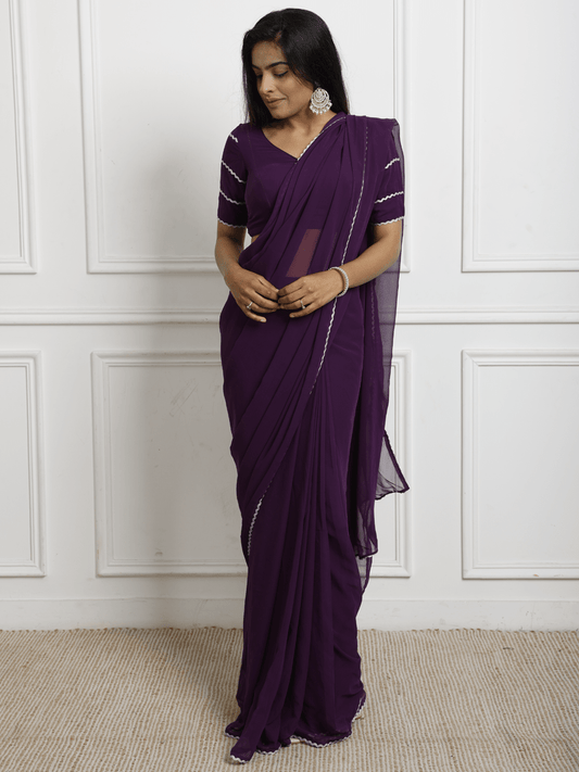 Purple Georgette pre stitched saree with blouse