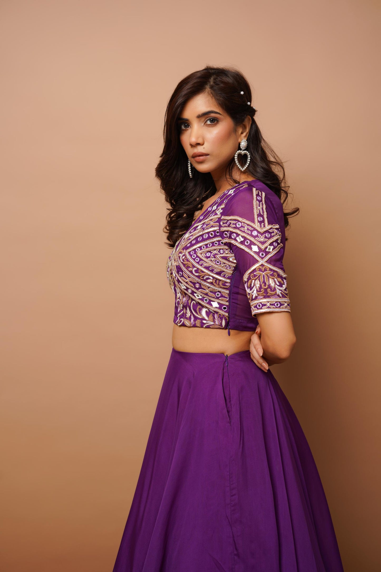 Dark Purple Organza Indo Lehenga Set (Set Of 2)