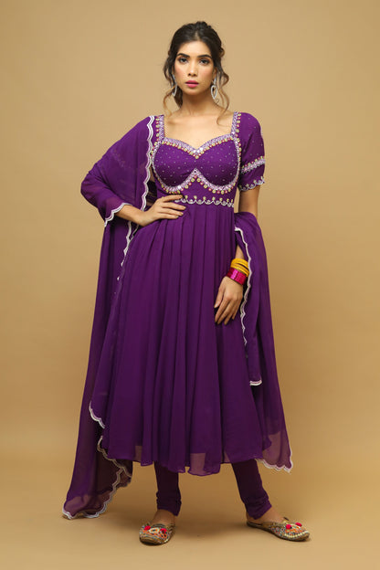 Dark Purple Anarkali Suit Set (Set Of 3)