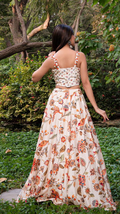 Birds Of Paradise Silk Lehenga Set -Off White