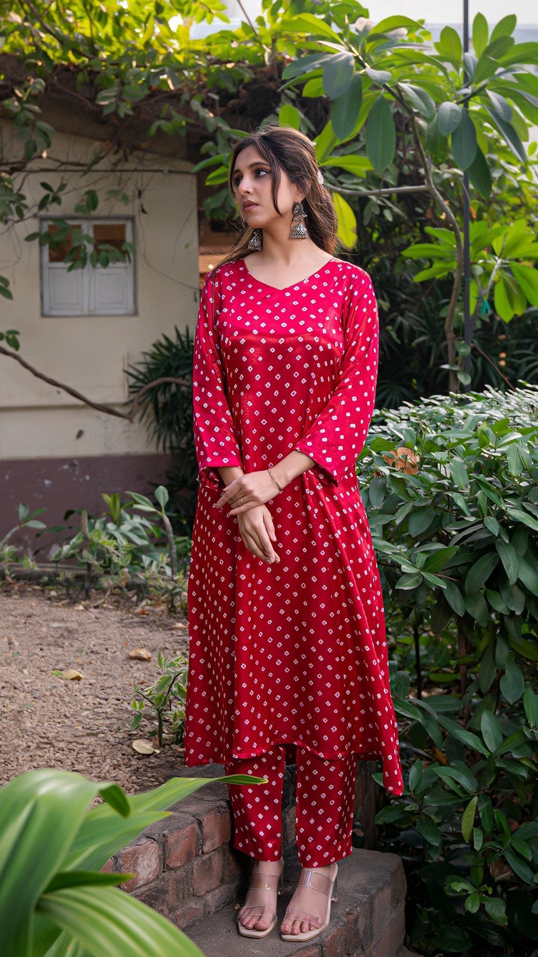 Bandhani Kali Kurta Set In Silk - Dark Pink