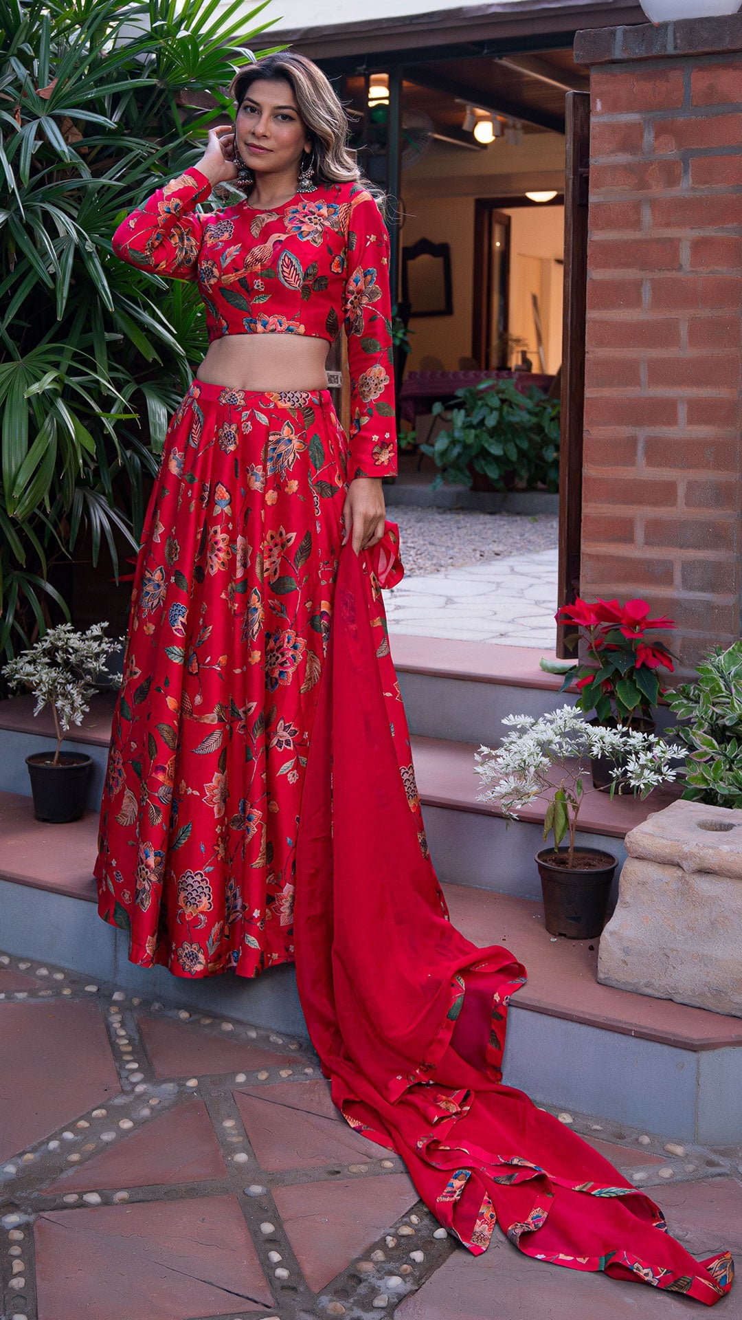 Birds of Paradise Silk Lehenga Set - Red