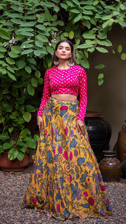 Kalamkari Silk Lehenga - Mustard Yellow with Bandhani Blouse