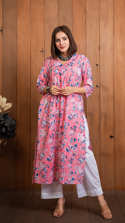 Pink Floral Jaal Sanganeri Cotton Kurta