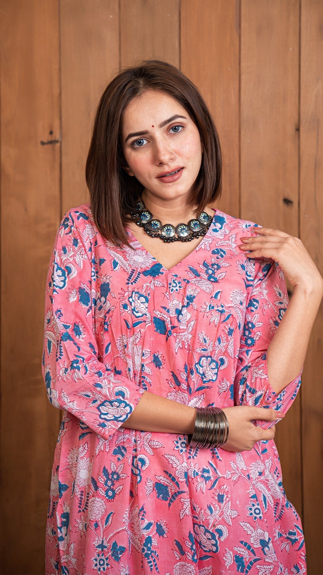 Pink Floral Jaal Sanganeri Cotton Kurta