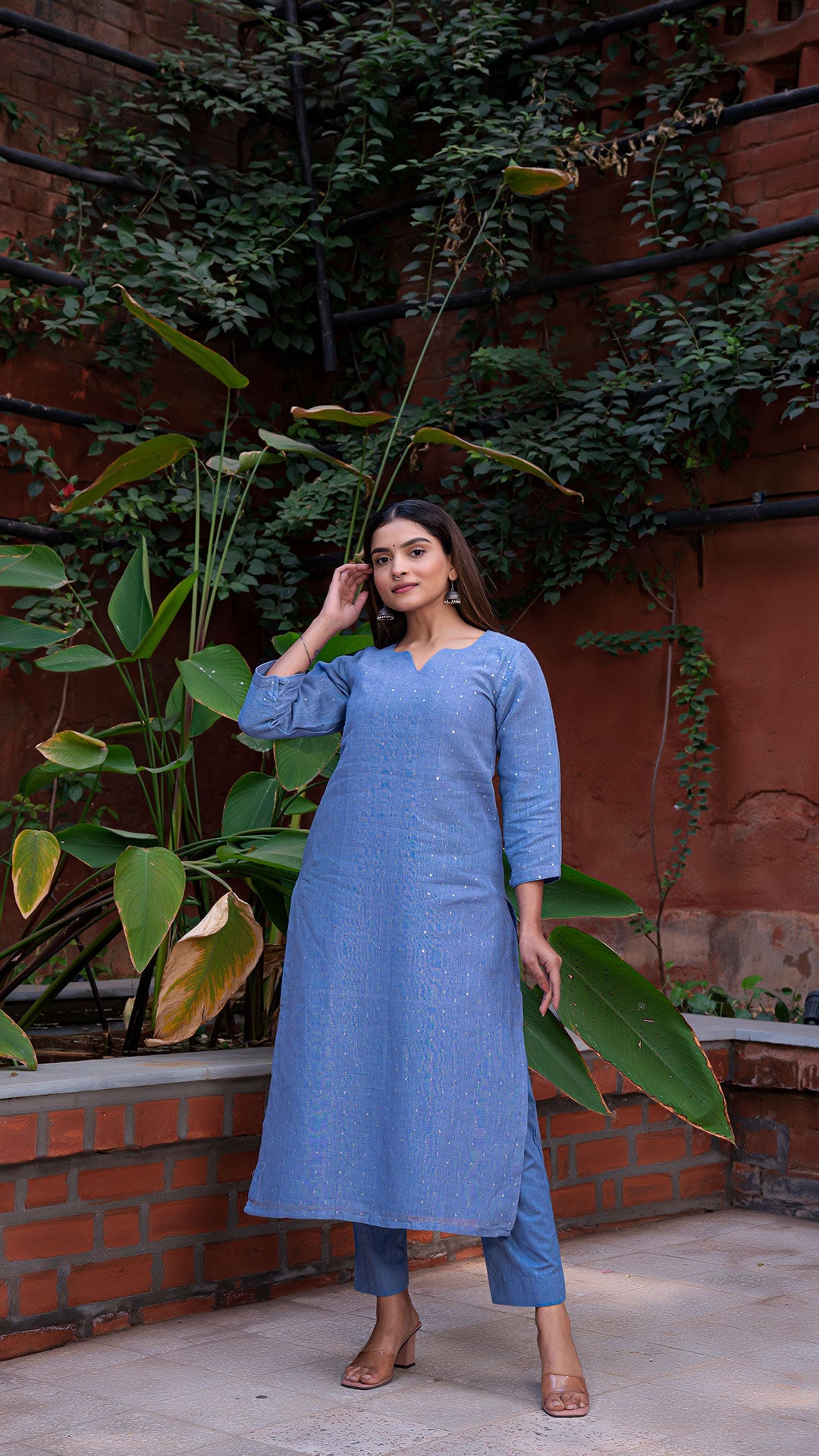 Durga Embellished Pure Linen Kurta + Pants - Pastel Blue