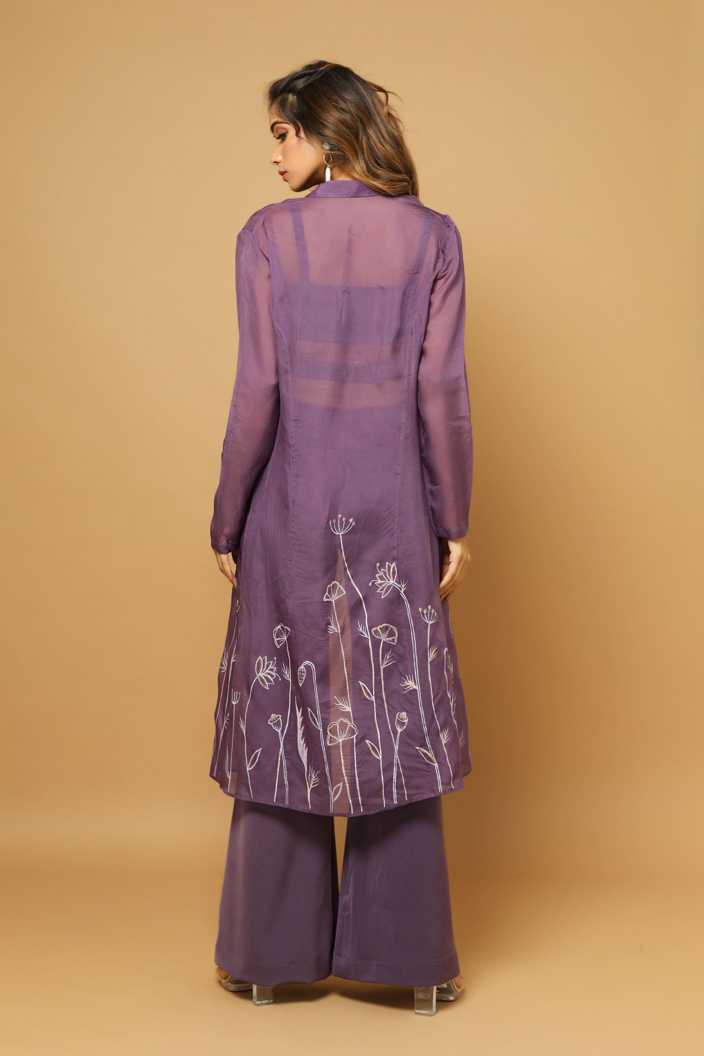 Purple Indo Western Set With Handpainted Jacket (Set Of 3)