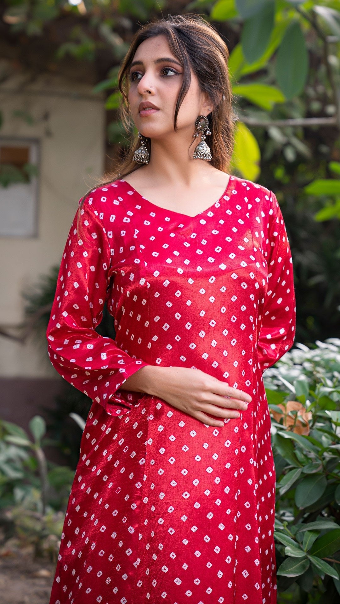 Bandhani Kali Kurta Set In Silk - Dark Pink