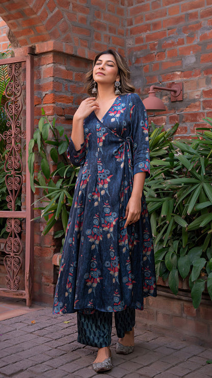 Mughal Flora Double Kali Flared Angarakha Silk Kurta - Blue