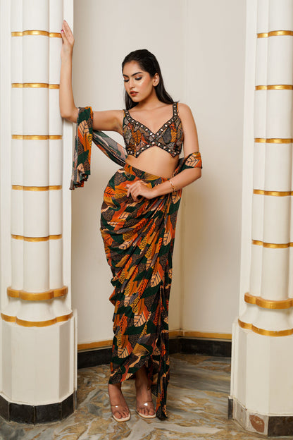 LEAF PRINT DRAPE SAREE WITH BRALETTE (SET OF 2)