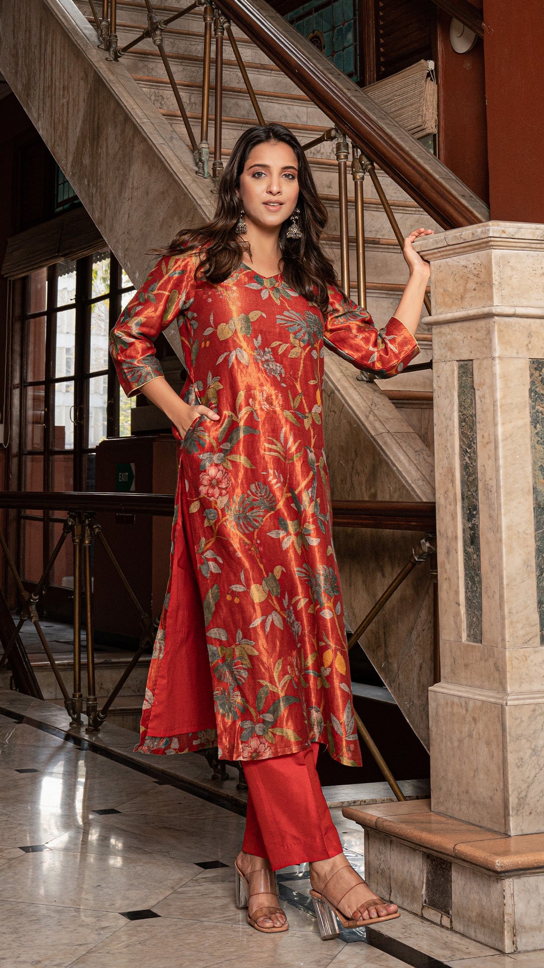 Maryam - Rust Pure Tissue Printed Kurta Set