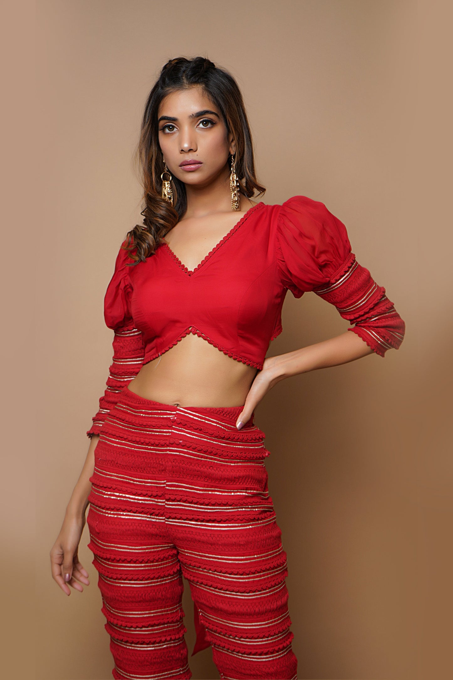 Hot Red Indo Western Set (Set Of 3)