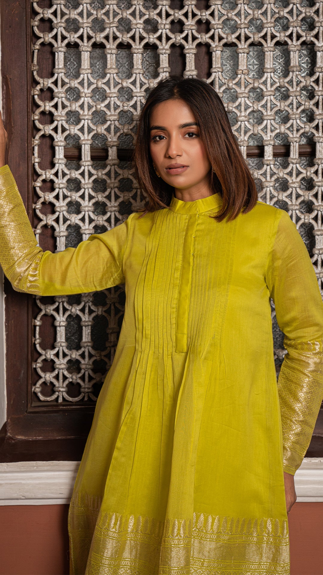 Vedica - Lime Green Woven Chanderi Kurta Set