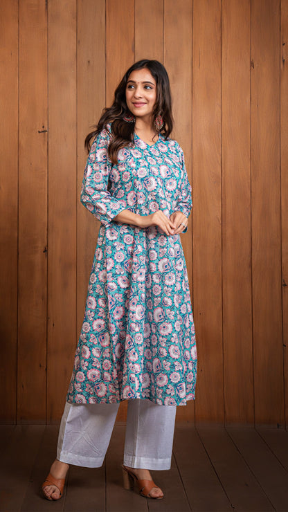 Aditi Sanganeri Kali Cotton Kurta - Blue/Pink