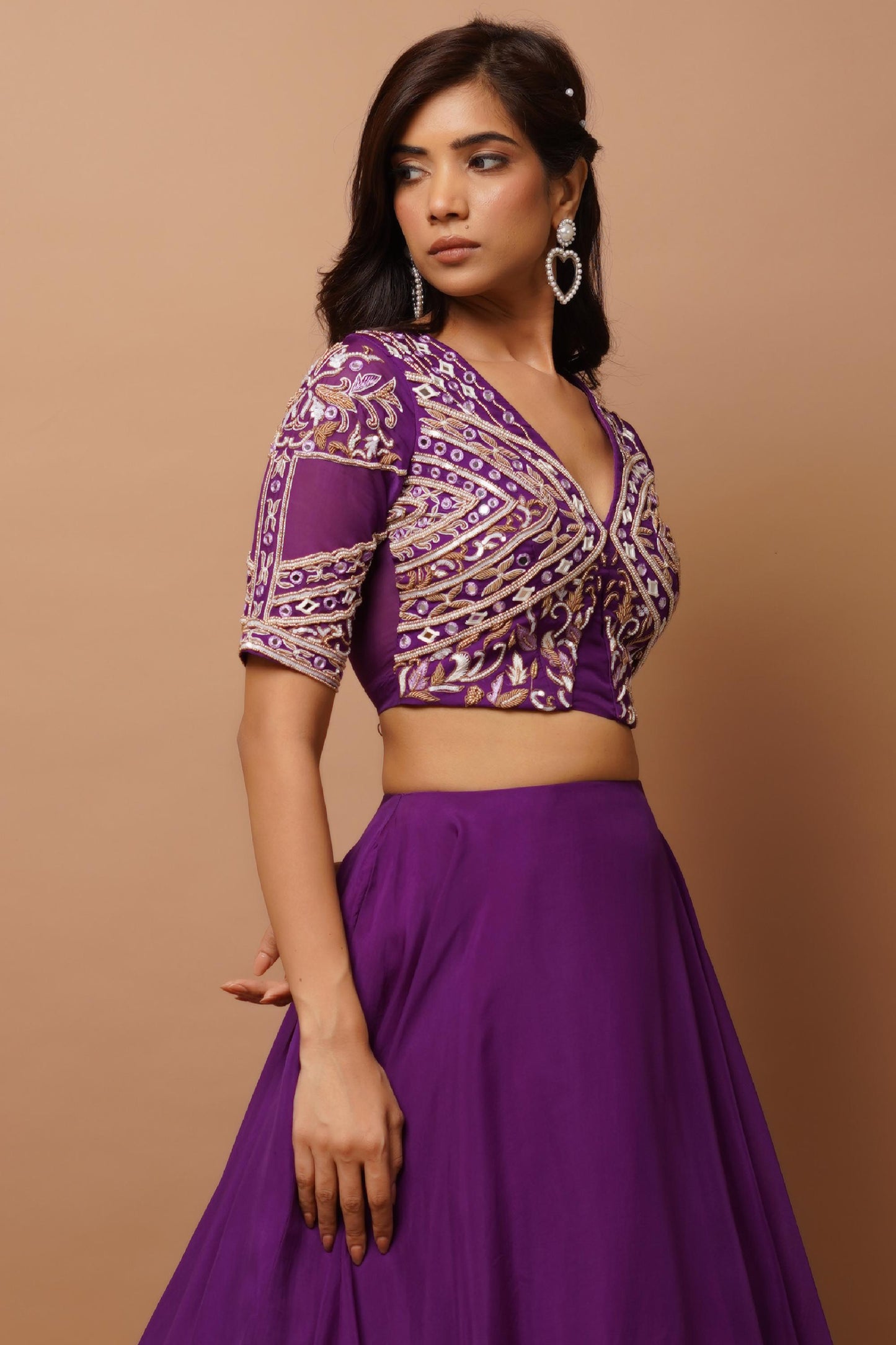 Dark Purple Organza Indo Lehenga Set (Set Of 2)