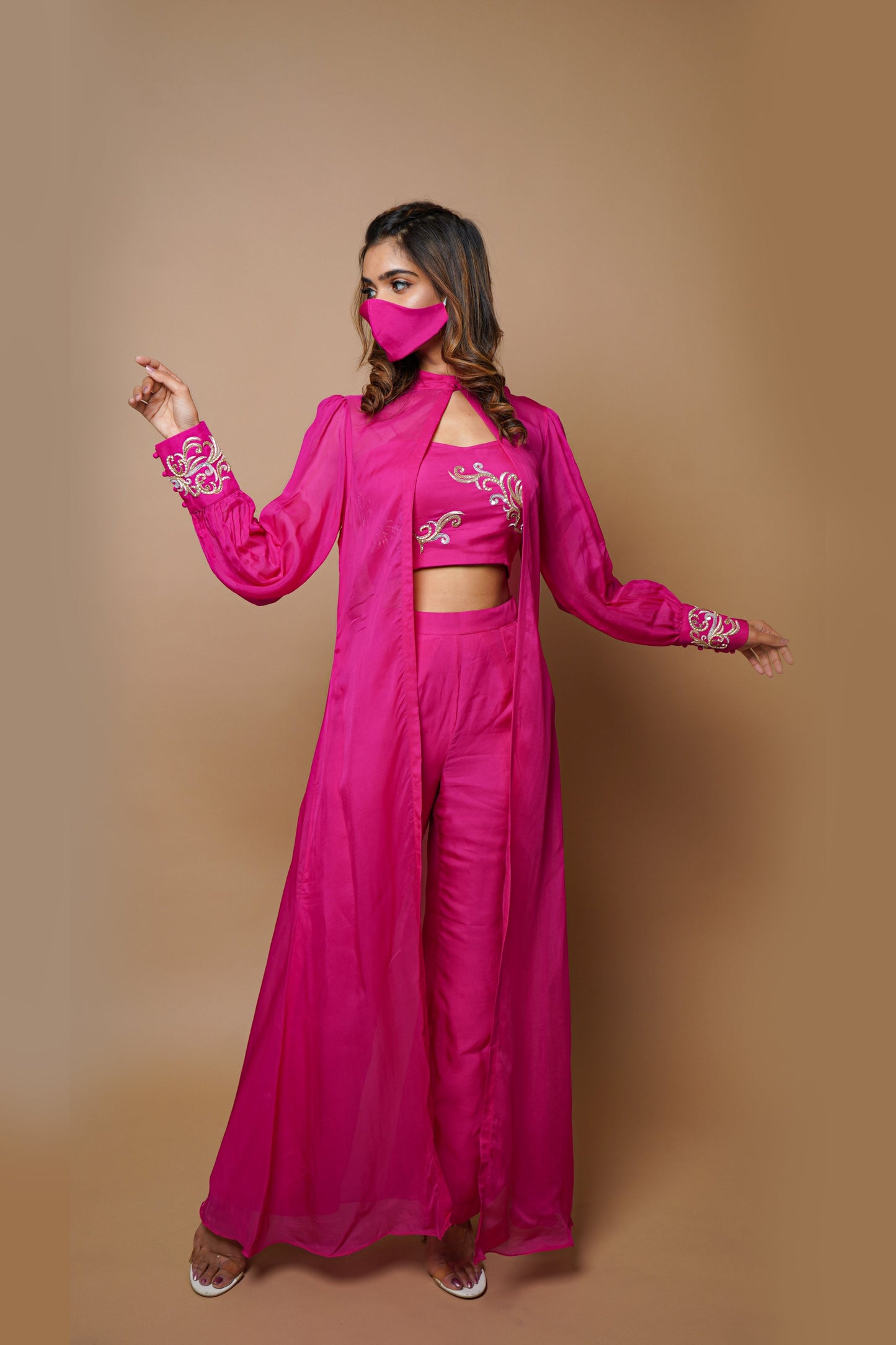 Hot Pink Cape Indowestern Set- (Set Of 4)