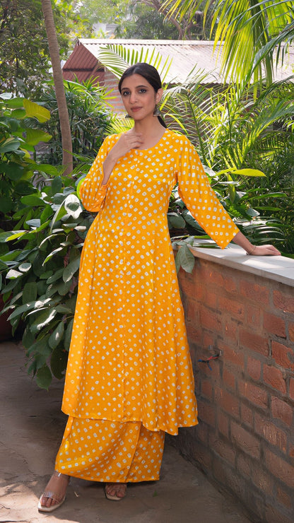 Bandhani Kali Silk Kurta Set - Sunshine Yellow