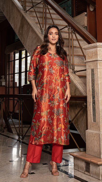 Maryam - Rust Pure Tissue Printed Kurta Set